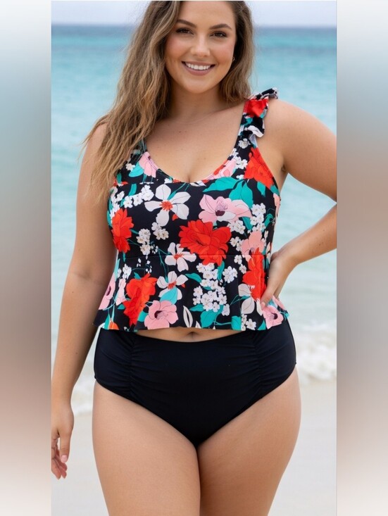 Other - 2 PC TANKINI BLACK FLORAL BATHING SUIT SZ 14